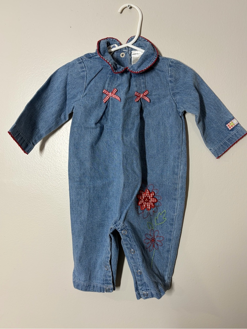 Vintage Cherokee Denim Floral Embroidered Baby One-Piece size 9 months